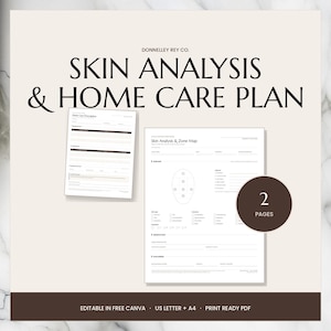 May include: A two-page skin analysis and home care plan document set by Donnelley Rey Co. The forms feature sections for client details, a facial zone map, skin type checkboxes, observations, and home care prescriptions in a clean layout.