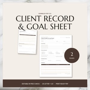 以下が含まれることがあります： Donnelley Rey Co.による2ページのクライアント記録および目標シートテンプレート。クライアントプロファイル、ライフスタイル、ホームケア、予約履歴のセクションが含まれています。Canvaで編集可能なデジタルファイルで、A4およびUSレターサイズで印刷可能です。