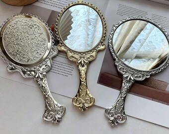 Vintage verzierten Handspiegel Retro Floral graviert Kosmetikspiegel Antik Gold Silber Handspiegel für Make-up Schminktisch Dekor Geschenk