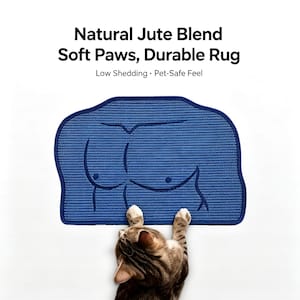 May include: A blue rectangular rug with rounded corners and a dark blue border, featuring a stylised line drawing of a torso. The text above reads: Natural Jute Blend, Soft Paws, Durable Rug, Low Shedding, Pet-Safe Feel. A cat is visible.