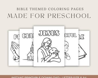 May include: A stack of white coloring pages with black line drawings of religious themes. The pages include images of praying hands, a church, Jesus with a lamb, a child praying, and an open book. Text at the top reads "BIBLE THEMED COLORING PAGES MADE FOR PRESCHOOL."