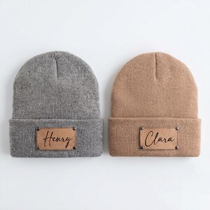 Custom Leather Patch Name Baby Beanie, Soft Knitted Infant Hat, Unique Baby Shower Keepsake Gift