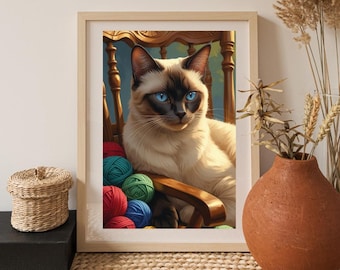 Siamese kat Art Print: blauwogige kitten, gezellig interieur (digitale download)
