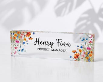 Floral Design Personalized Acrylic Desk Name Sign, Custom Office Table Plaque, Meaningful Graduation Present