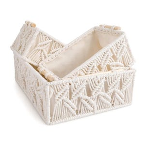 Handmade Macrame Storage Basket Set of 3 | Off White Cotton lined Organizer with Metal Frame & Wooden Handles | Boho Chic Decorative Bins
