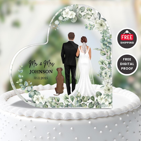 Personalized Wedding Cake Topper: Acrylic Heart Plaque, Bride & Groom