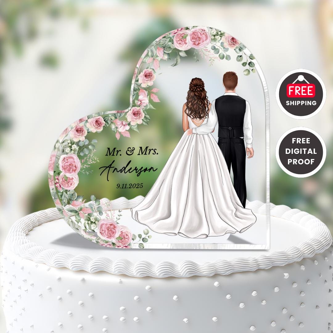 Personalized Wedding Cake Topper: Custom Bride and Groom Acrylic Heart ...