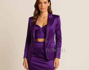 Luxury Purple Satin 3-Piece Suit | Women’s Blazer, Bustier & Pencil Skirt | Elegant Evening and Bridal Wedding Outfit