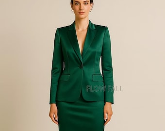 Elegant Emerald Green Satin Suit | Women’s 2-Piece Blazer & Pencil Skirt Set | Luxury Business and Formal Office Outfit