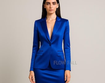 Elegant Royal Blue Satin Suit Set | Women’s Luxury Blazer & Pencil Skirt | 2-Piece Business Outfit | Formal Office Wear for Women