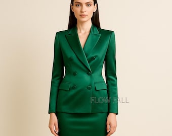 Elegant Emerald Green Satin Suit | Women’s Double-Breasted Blazer & Pencil Skirt | Luxury Business and Bride Wedding Outfit