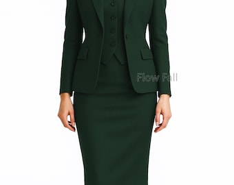 Women’s Emerald Green 3-Piece Suit | Blazer, Vest Pencil Skirt | Elegant Office, Formal, Bridal & Wedding Outfit, Office Formal Suit.