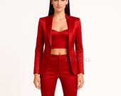 Red Satin Bustier Pantsuit, Elegant 3-Piece Suit