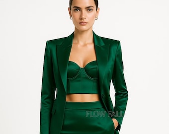 Elegant Emerald Green 3-Piece Suit | Women’s Blazer, Bustier & Pencil Skirt | Evening, Formal and Bridal Wedding Outfit