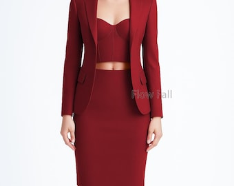 Women’s Maroon Red 3-Piece Bustier Skirt Suit | Blazer, Bustier & Pencil Skirt | Elegant Formal, Office and Bridal Outfit