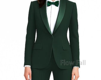 Women’s Emerald Green Satin Lapel Tuxedo Suit | Blazer Boot-Cut Pantsuit | Elegant Formal, Office & Bridal Outfit, Custom Wedding Suit.