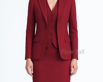 Women’s Maroon Red 3-Piece Suit | Blazer, Vest Pencil Skirt | Elegant Office, Formal, Bridal & Wedding Outfit, Office Formal Suit.
