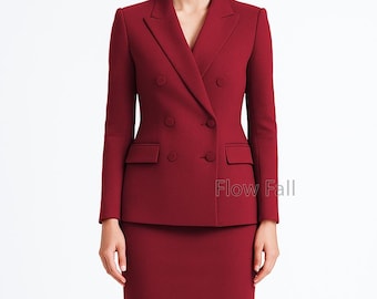 Women’s Double-Breasted Maroon Red Skirt Suit | Slim-Fit Pencil Skirt Suit | Elegant Office, Formal & Bridal Outfit, Women Business Suit.