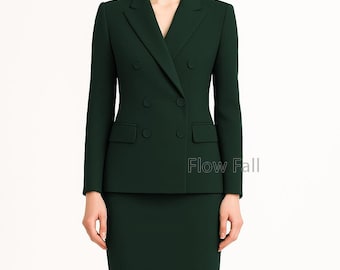 Women’s Double-Breasted Emerald Green Skirt Suit | Slim-Fit Pencil Skirt Suit | Elegant Office, Formal & Bridal Outfit, Women Business Suit.