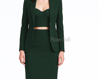 Women’s Emerald Green 3-Piece Bustier Skirt Suit | Blazer, Bustier & Pencil Skirt | Elegant Formal, Office and Bridal Outfit