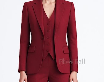 Women’s Maroon Red 3-Piece Suit | Blazer, Vest Boot cut Pantsuit | Elegant Office, Formal, Bridal & Wedding Outfit, Women Business Suit.