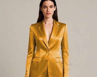 Mustard Satin Pantsuit, Elegant Two Piece Formal Suit