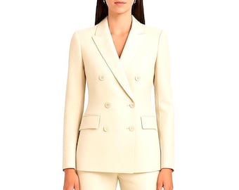Women’s Double-Breasted Ivory Suit | Slim-Fit Blazer & Pants | Elegant Office, Formal, Bridal and Custom Outfit