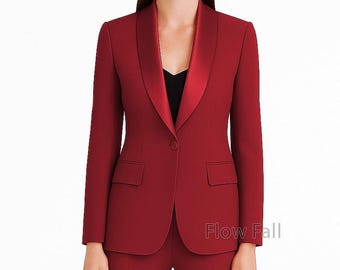 Women’s Maroon Red Satin Lapel Tuxedo Suit | Blazer Boot-Cut Pantsuit | Elegant Formal, Office & Bridal Outfit, Custom Wedding Suit.