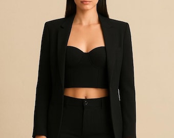 Black Bustier Pantsuit, Elegant Three Piece Suit