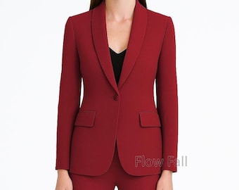 Women’s Maroon Red Tuxedo Suit | Blazer Boot-Cut Pantsuit | Elegant Formal, Office & Bridal Outfit, Custom Wedding Suit.