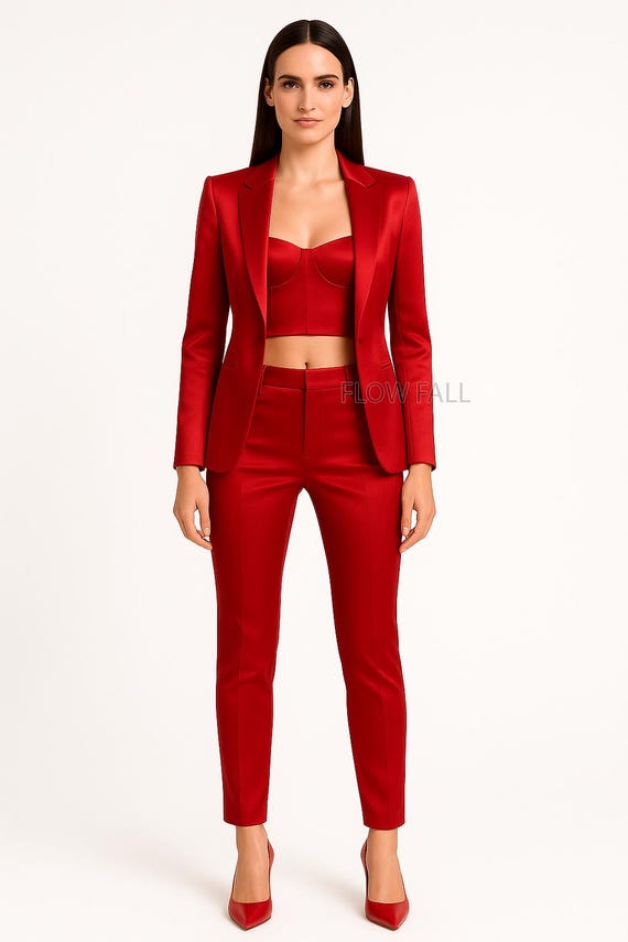 Red Satin Bustier Pantsuit, Elegant 3-piece Suit - Etsy display picture 1