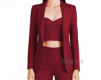Women’s Maroon Red 3-Piece Bustier Suit | Blazer, Bustier Boot-Cut Pantsuit | Elegant Office, Formal & Bridal Outfit, Women Wedding Suit.