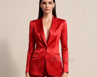 Red Satin Pantsuit, Elegant Women's Two Piece Suit