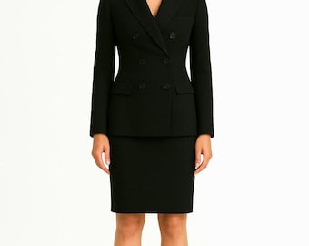 Black Double Breasted Skirt Suit, Slim Fit Formal Office Wear