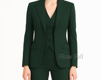 Women’s Emerald Green 3-Piece Suit | Blazer, Vest Bootcut Pantsuit | Elegant Office, Formal, Bridal & Wedding Outfit, Women Business Suit.
