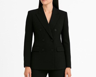 Womens Black Double Breasted Pantsuit, Custom Formal Suit