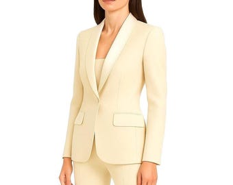 Ivory Satin Lapel Tuxedo Suit, Women's Boot Cut Pantsuit, Custom Fit