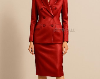Women’s Red Double-Breasted Satin Suit | Blazer & Pants | Elegant Office, Formal, Wedding and Custom Suit