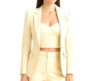 Ivory Bustier Pantsuit, Elegant 3-Piece Formal Suit