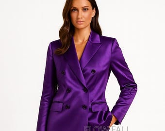 Tailleur pantalone in raso viola – Blazer doppiopetto da donna, elegante completo da ufficio