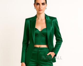 Women’s Luxury Emerald Green Satin 3-Piece Suit Set – Blazer, Bustier Top and Pants | Elegant Evening & Party Outfit, Bridal Wedding Suit.