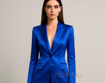 Women’s Royal Blue Satin Suit | 2-Piece Blazer and Slim Pants | Luxury Office Suit | Business & Evening Formal Outfit