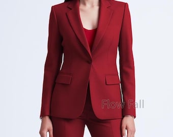 Women’s Maroon Red 2-Piece Suit | Blazer Boot-Cut Pantsuit | Elegant Office, Formal, Bridal Outfit, Custom Wedding Suit.