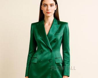 Luxury Emerald Green Satin Suit | Women’s Double-Breasted Blazer & Pants | Elegant Power Suit | Custom Formal Office Outfit