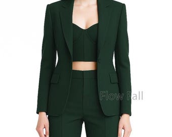 Women’s Emerald Green 3-Piece Bustier Suit | Blazer, Bustier Boot-Cut Pantsuit | Elegant Office, Formal & Bridal Outfit, Women Wedding Suit.