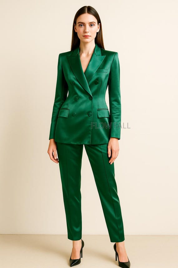 Emerald Green Satin Pant Suit - Women's Double-Breasted Blazer, Custom Fit