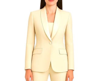 Completo smoking avorio / Blazer con risvolto in raso e pantaloni a zampa d'elefante da donna