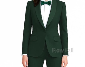 Women’s Emerald Green Tuxedo Suit | Blazer Boot-Cut Pantsuit | Elegant Formal, Office & Bridal Outfit, Custom Wedding Suit.