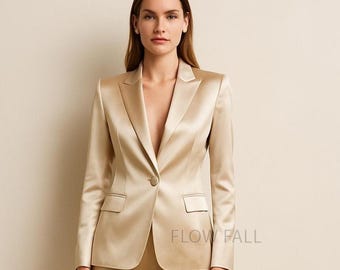 Formal Ivory Satin Suit | Women’s 2-Piece Blazer and Slim Pants | Elegant Office Outfit | Business & Evening Formal Wear