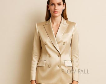 Luxury Champagne Satin Suit | Women’s Double-Breasted Blazer & Pants Set | Elegant Formal Power Suit | Custom Office Outfit